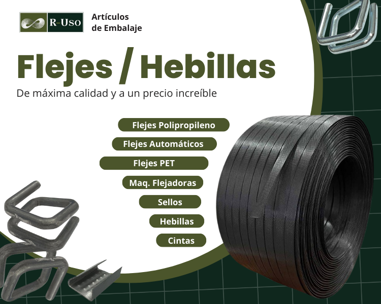 Imagen promocional de R-uso, articulos de embalaje como flejes, hebillas son mostradas.